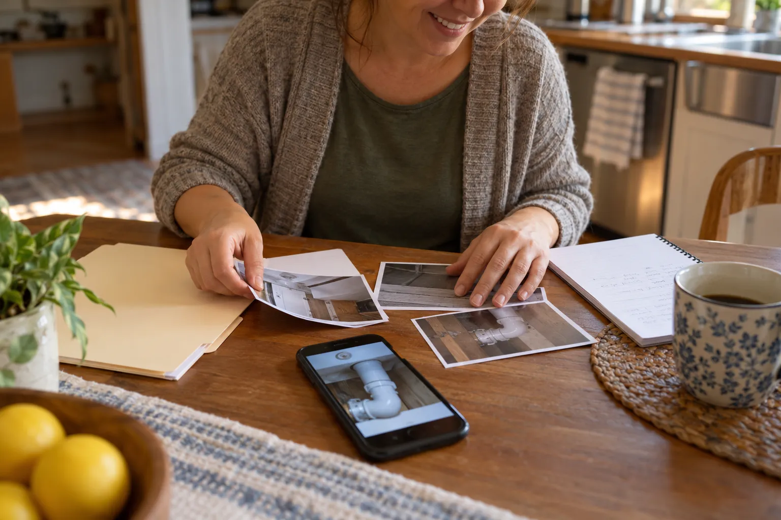 Folder with photos and notes for a plumbing estimate in the St. Petersburg area