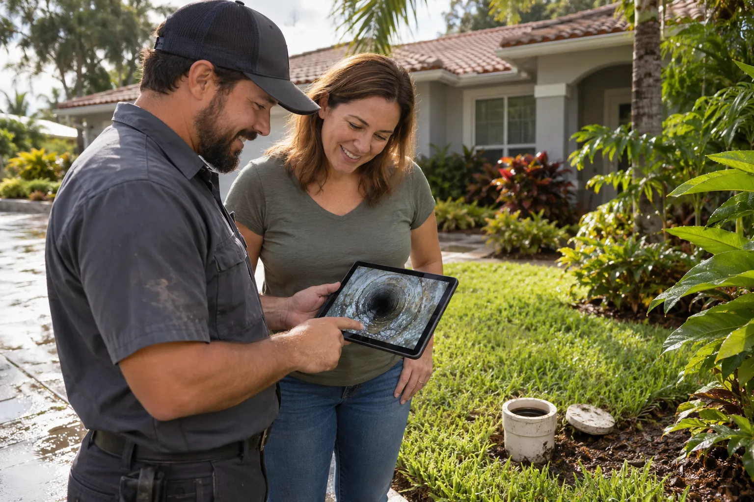 A friendly local plumbing provider showing a homeowner a sewer camera video on a tablet in a yard in St. Petersburg
